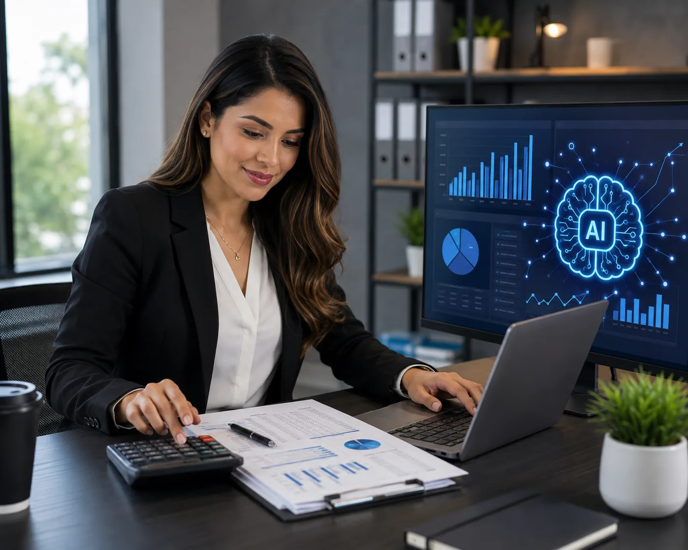 Contadora trabajando con un tablero de analítica asistido por inteligencia artificial