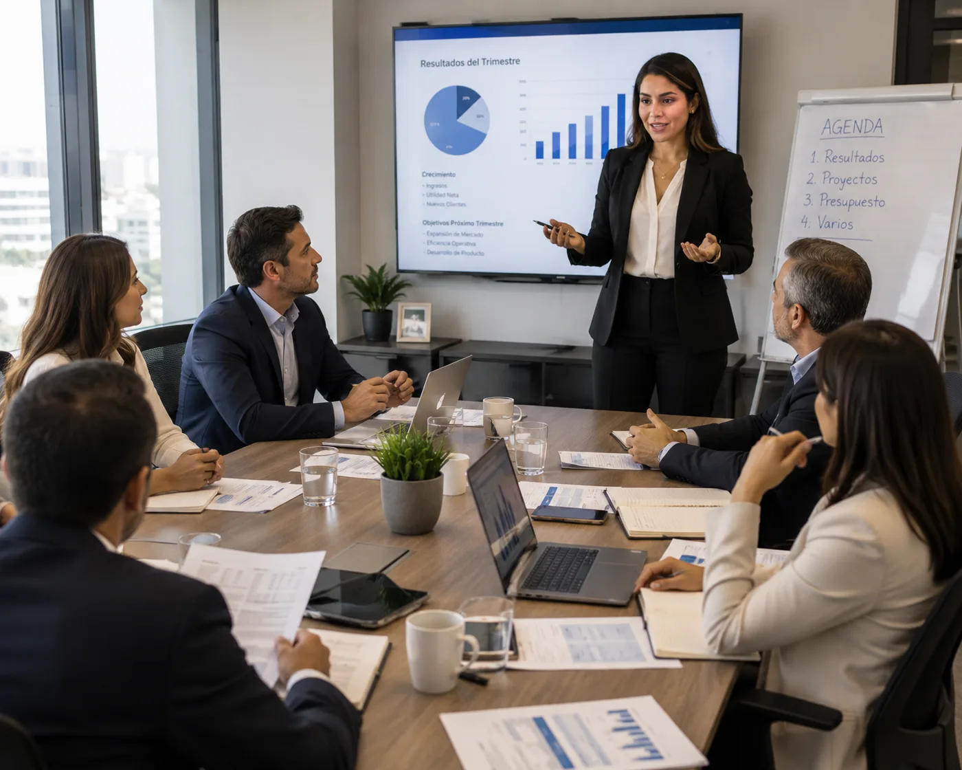 Contadora presentando los resultados del trimestre al equipo directivo en el comité gerencial